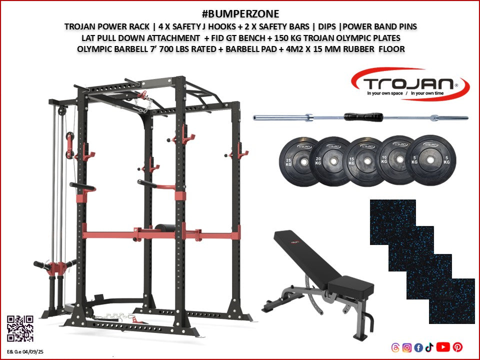 Power Rack + Lat | GT Bench | Olympic Barbell 7' 20 KG Bar + 4 m2 Floor + 150 Kg Olympic Bumper Plates